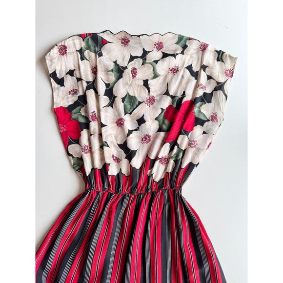Vintage 80's MIMMINA Ivory Red Floral Striped Beaded Silk Crepe Dress, Size S - Picture 11 of 16